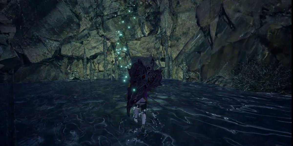Monster Hunter Rise - Olhando para a entrada da pequena caverna na área de água da Seção 7 que leva ao registro da relíquia
