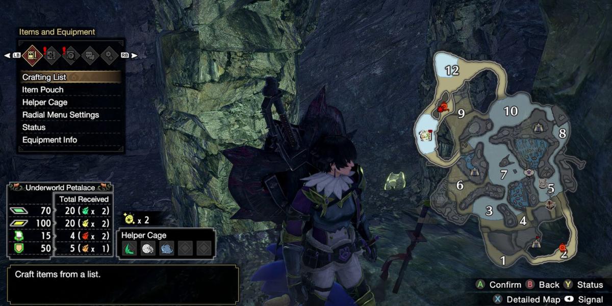 Monster Hunter Rise - Agarrando Registro na Seção 11 do Mapa Caverna Secreta com o Mapa Aberto