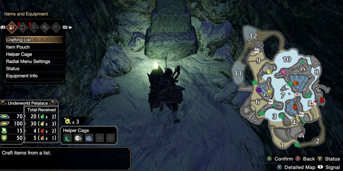 Monster Hunter Rise - Agarrando o registro da relíquia na seção 5 do mapa com o mapa aberto