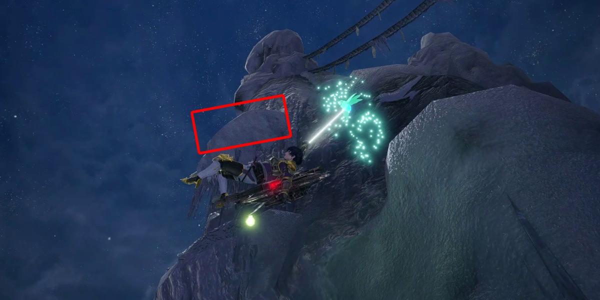 Monster Hunter Rise - Subindo a montanha na seção 9 do mapa com a caixa mostrando onde está o registro
