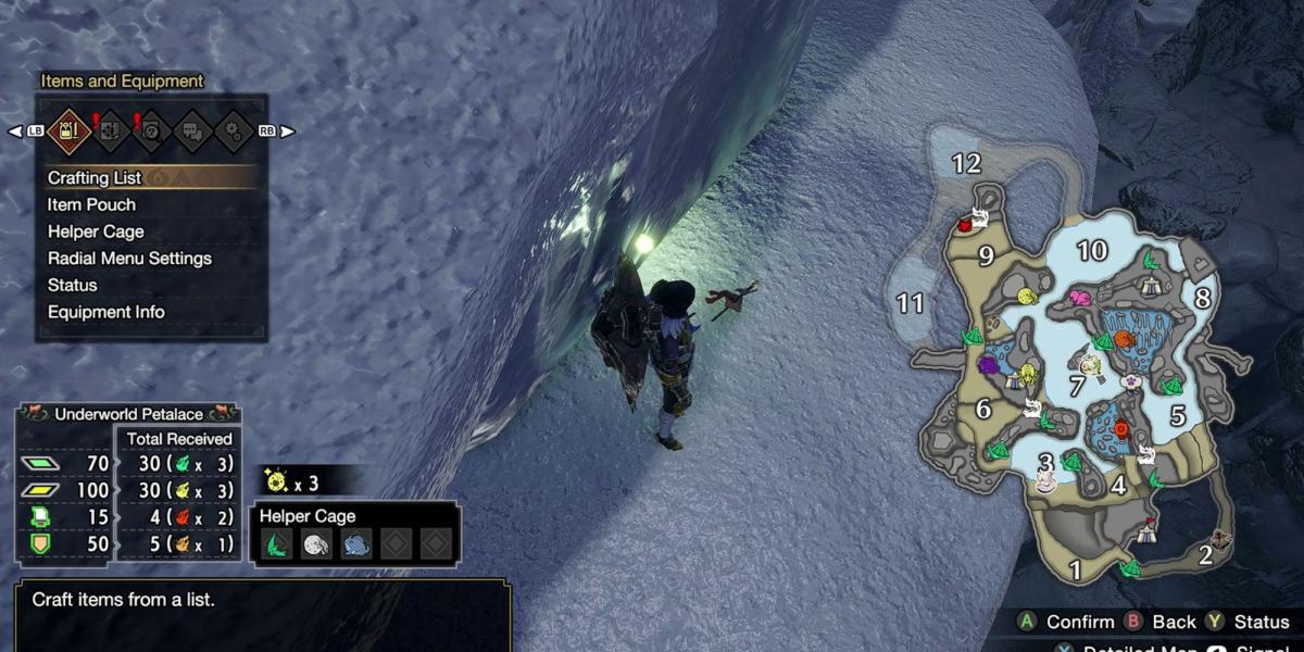 Monster Hunter Rise - Agarrando o registro na montanha na seção 9 do mapa com o mapa aberto
