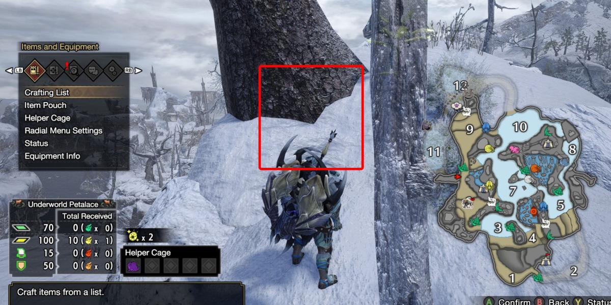 Monster Hunter Rise - Parado na frente de onde está a relíquia da mensagem Rampage 3 com a caixa sobre ela e o mapa aberto