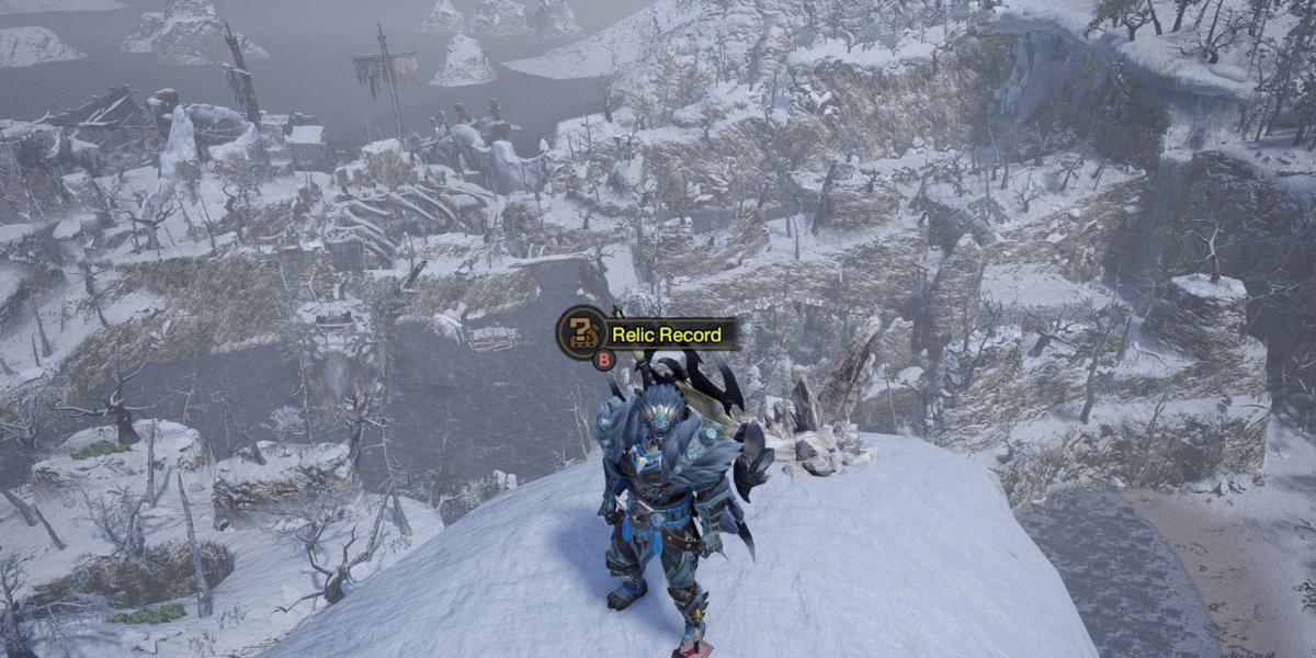 Monster Hunter Rise - Parado na frente da mensagem Rampage 4 Relíquia no topo da montanha na área 6 do mapa