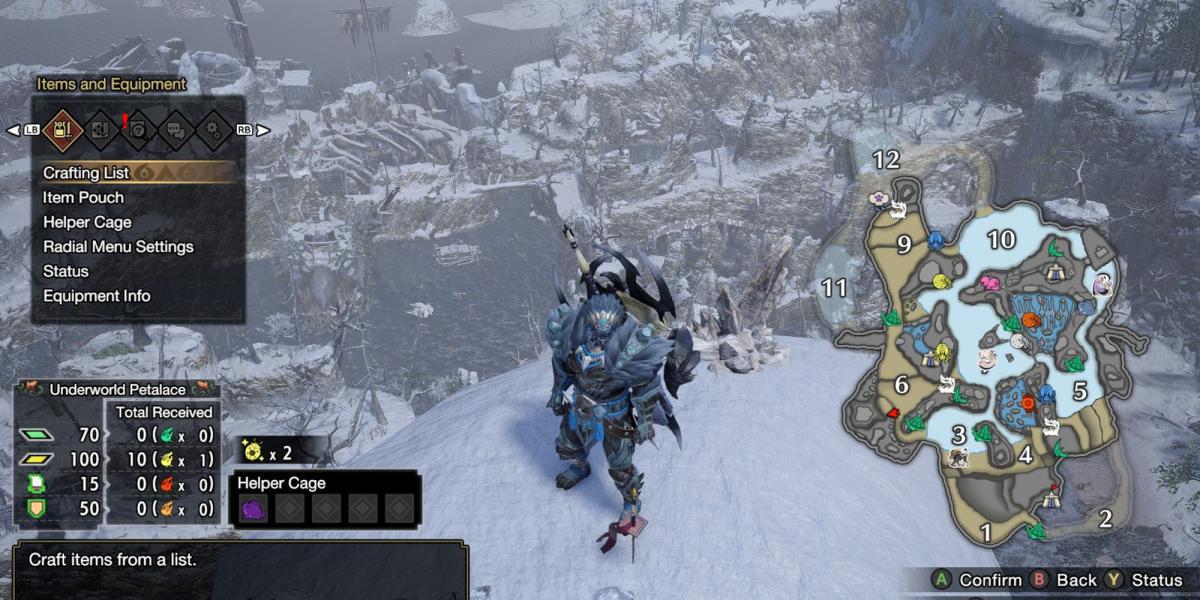 Monster Hunter Rise - Parado na frente da Rampage Message 4 Relic no topo da montanha na área do mapa 6 e mapa aberto
