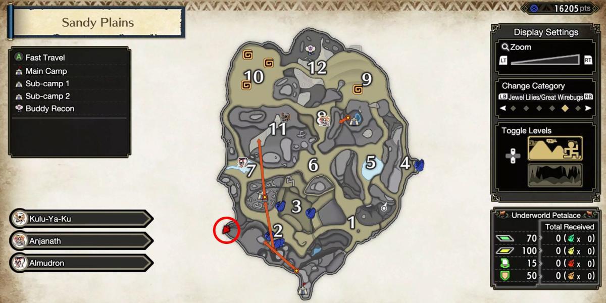 Monster Hunter Rise - Agarrando a Relíquia Perto do Acampamento de Spawn em Sandy Plains Como Visto no Mapa Detalhado
