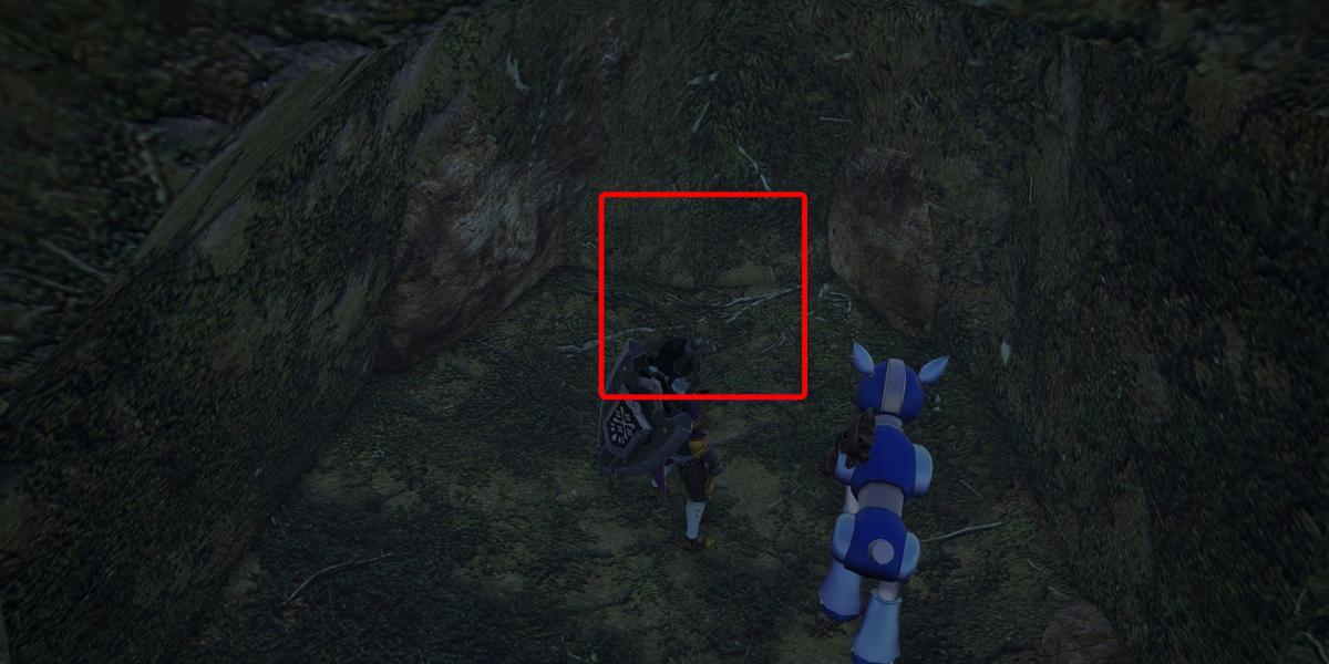 Monster Hunter Rise - Indo para o local da relíquia na parte inferior da seção 2 com a caixa mostrando onde a relíquia geralmente está
