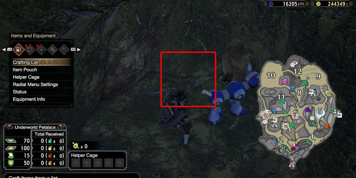 Monster Hunter Rise - Indo para o local da relíquia na parte inferior da seção 2 com o mapa aberto e a caixa mostrando onde a relíquia costuma estar