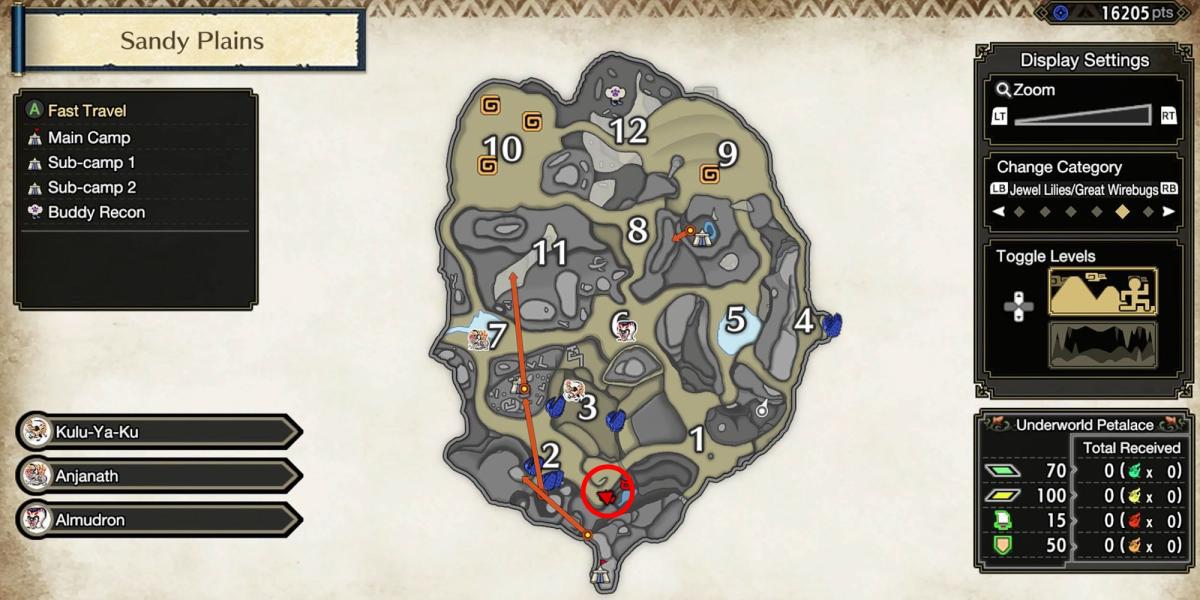 Monster Hunter Rise - Indo para o local da relíquia na parte inferior da seção 2 no mapa detalhado