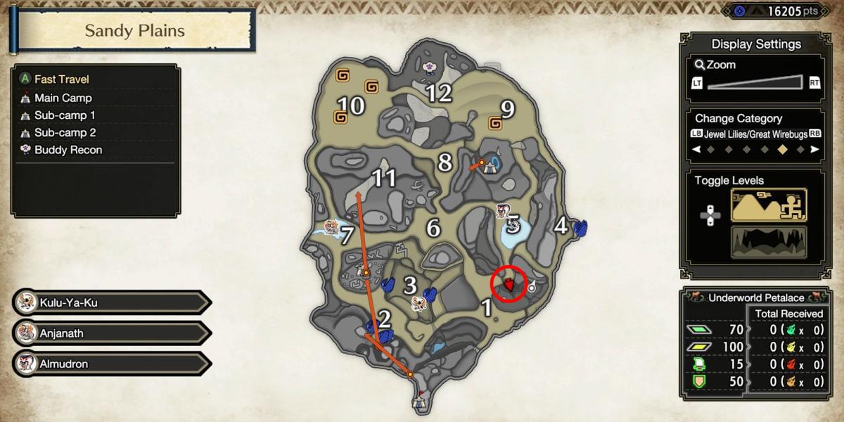 Monster Hunter Rise - Localização da relíquia na seção inferior 5, conforme visto no mapa detalhado