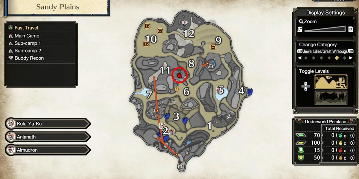 Monster Hunter Rise - Agarrando a Relíquia no Lado Direito da Seção 11 no Mapa Detalhado