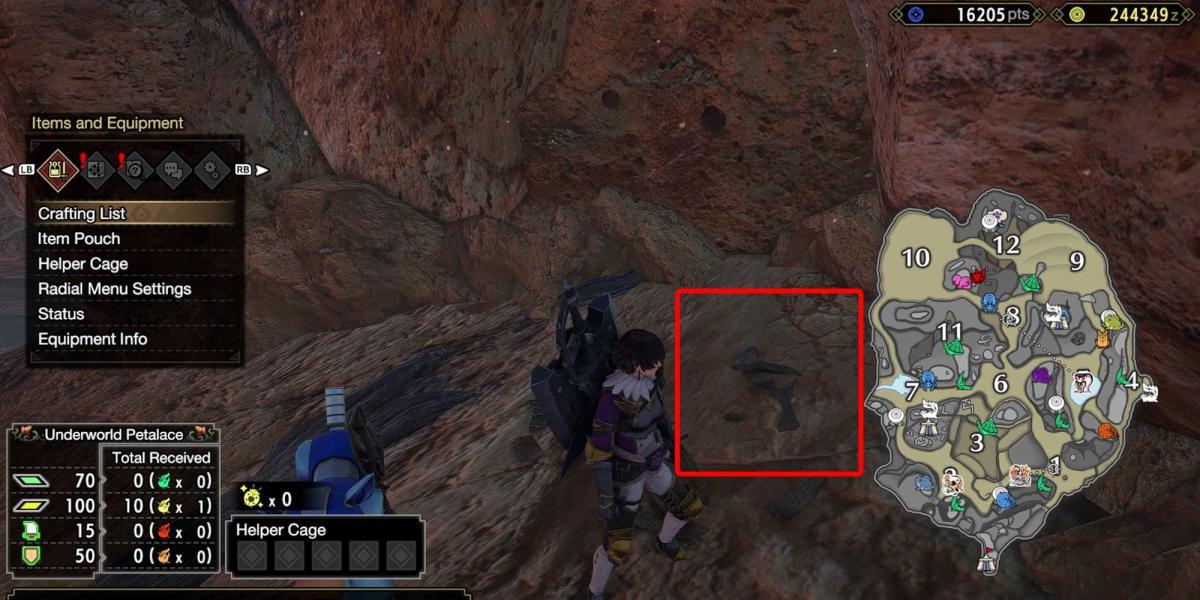 Monster Hunter Rise - Pegando a relíquia no canto inferior esquerdo da seção 12 com a caixa mostrando onde normalmente estaria e o mapa aberto