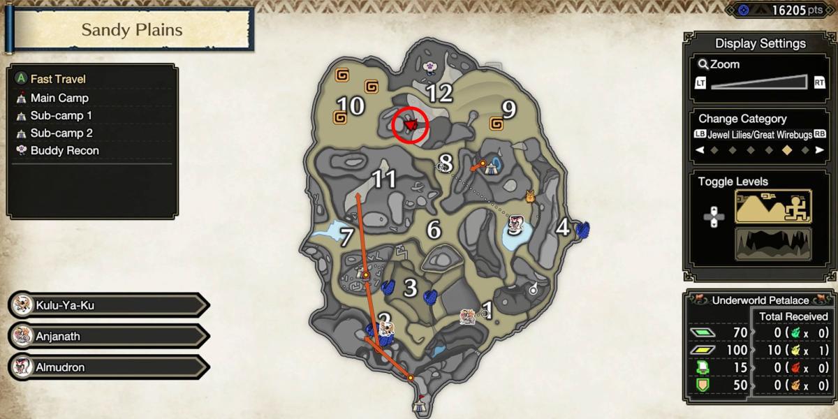 Monster Hunter Rise - Pegando a relíquia no canto inferior esquerdo da seção 12 no mapa detalhado