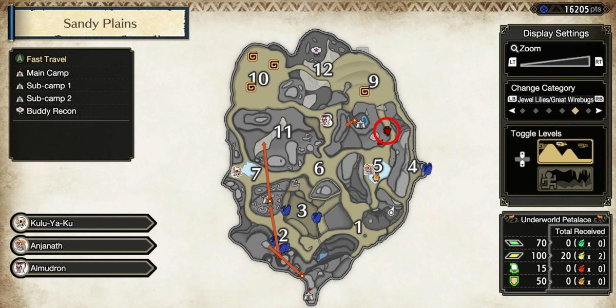 Monster Hunter Rise - Agarrando a Relíquia na Área Superior da Seção 5 no Mapa Detalhado
