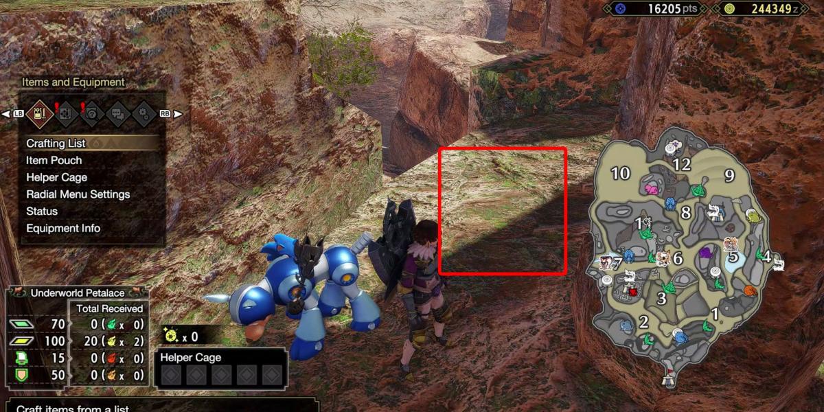 Monster Hunter Rise - Agarrando a Relíquia na Extrema Esquerda da Seção 3 com a Caixa Mostrando Onde a Relíquia Normalmente Estaria e o Mapa Aberto