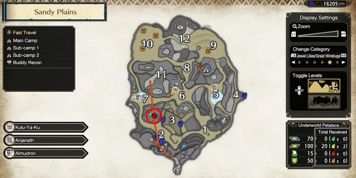 Monster Hunter Rise - Agarrando a Relíquia na Extrema Esquerda da Seção 3 no Mapa Detalhado