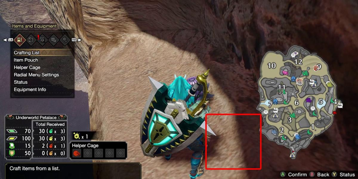 Monster Hunter Rise - Agarrando a relíquia na alcova da caverna na seção inferior 4 com a caixa mostrando onde normalmente estaria e o mapa aberto