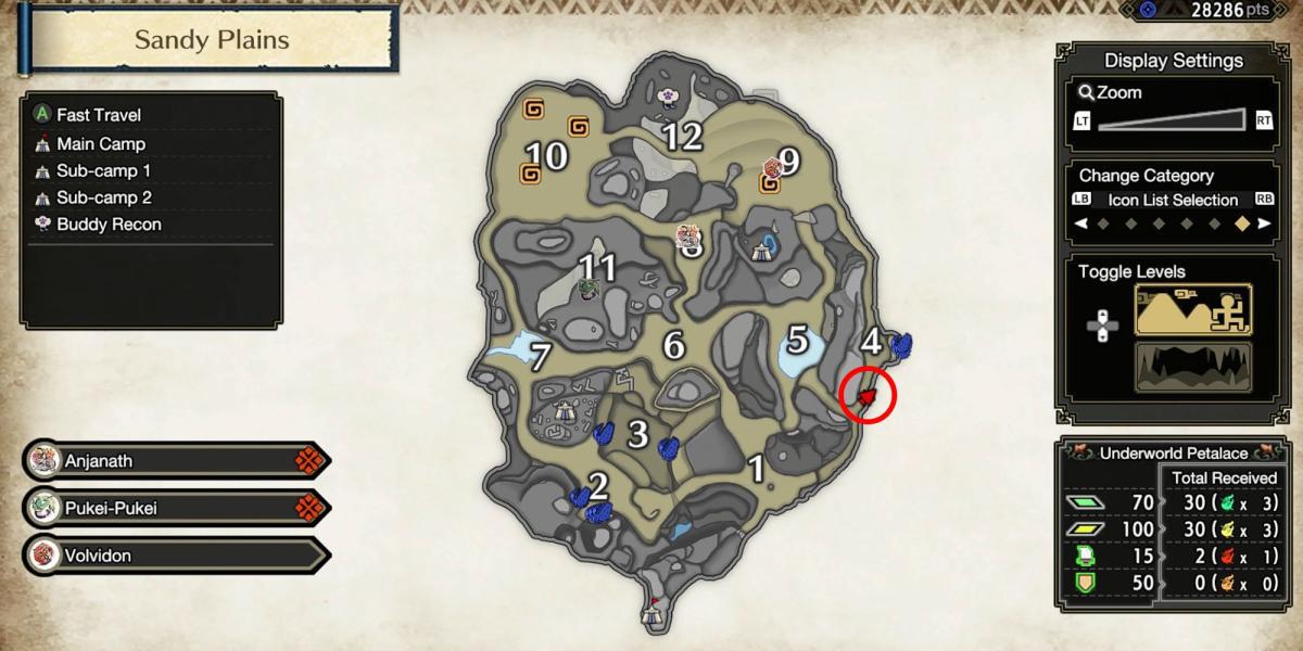Monster Hunter Rise - Agarrando a Relíquia na Alcova da Caverna na Seção Inferior 4 no Mapa Detalhado