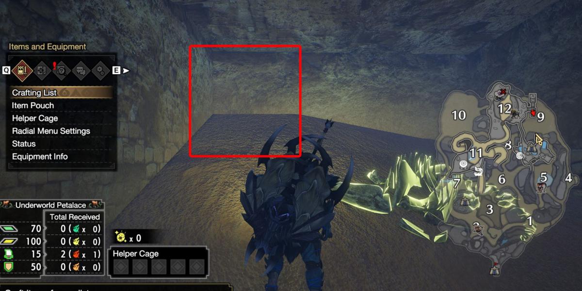 Monster Hunter Rise - Em pé na frente de onde a antiga mensagem 9 geralmente está com a caixa sobre ela e o mapa aberto