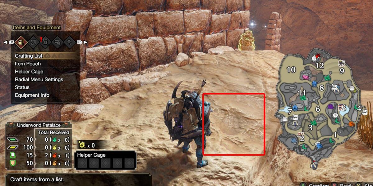 Monster Hunter Rise - Agarrando a mensagem antiga 10 em Sandy Plains com a caixa mostrando onde a relíquia geralmente está e o mapa aberto