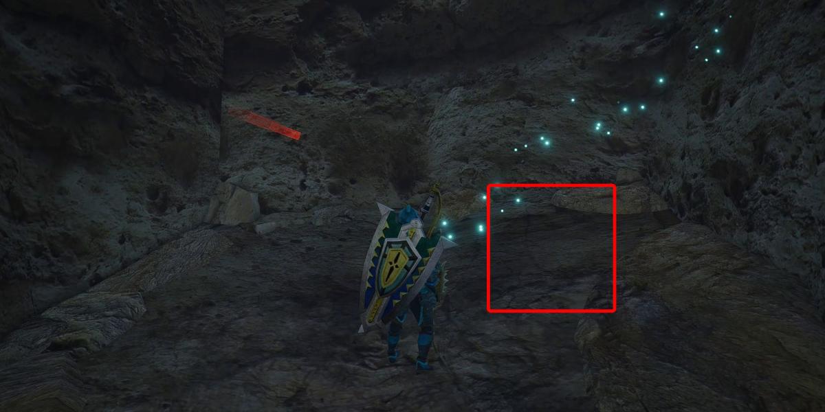 Monster Hunter Rise - Agarrando a Relíquia na Caverna Subterrânea da Seção 11 com a Caixa Mostrando Onde a Relíquia Normalmente Estaria