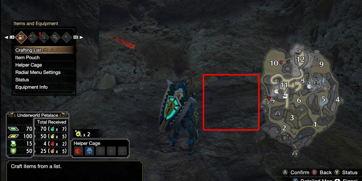 Monster Hunter Rise - Agarrando a relíquia na caverna subterrânea escondida da seção 11 com a caixa mostrando onde a relíquia normalmente estaria e o mapa aberto