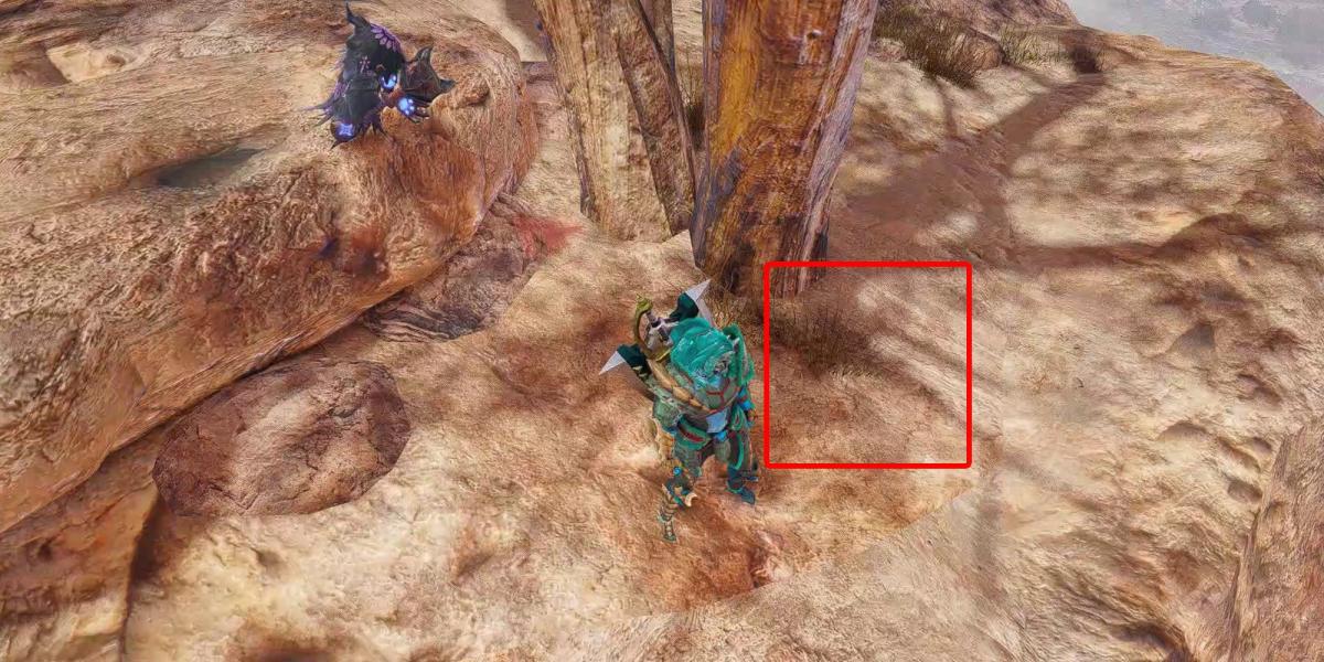 Monster Hunter Rise - Pegando a relíquia atrás da árvore no platô atrás do acampamento principal com a caixa mostrando onde a relíquia normalmente estaria