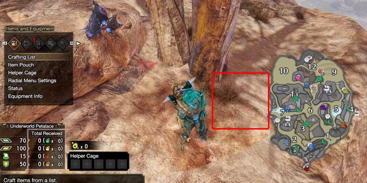 Monster Hunter Rise - Agarrando a relíquia atrás da árvore no platô atrás do acampamento principal com a caixa mostrando onde a relíquia normalmente estaria e o mapa aberto