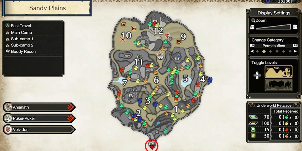 Monster Hunter Rise - Agarrando a Relíquia Atrás da Árvore no Planalto Atrás do Acampamento Principal no Mapa Detalhado