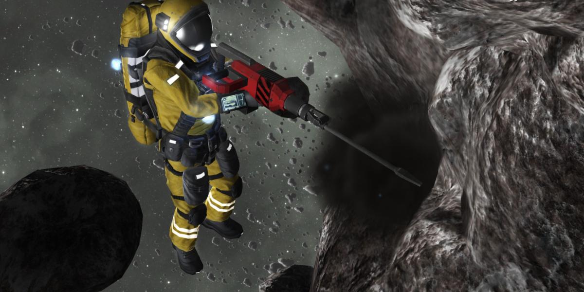 Jogador em traje espacial, usando furadeira manual para minerar