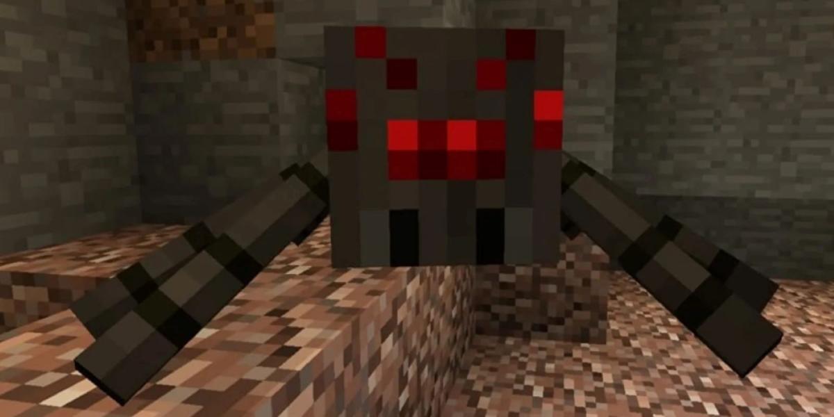Close-up de uma aranha do Minecraft em uma caverna