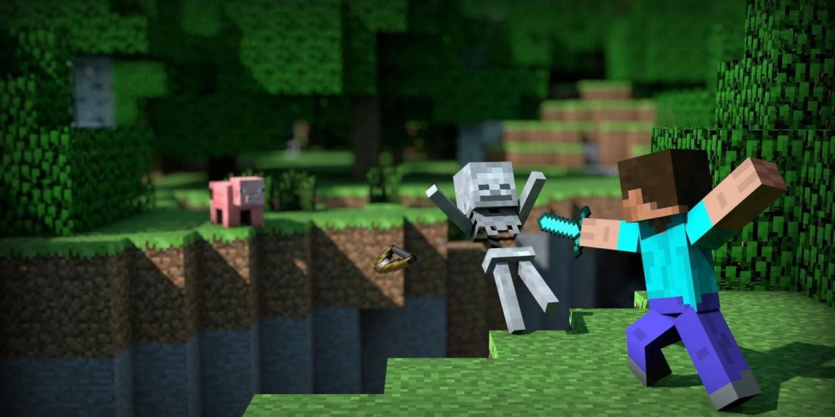 Minecraft Steve ataca um esqueleto com uma espada de diamante
