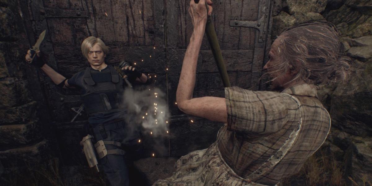 Leon defende um ataque no remake de Resident Evil 4