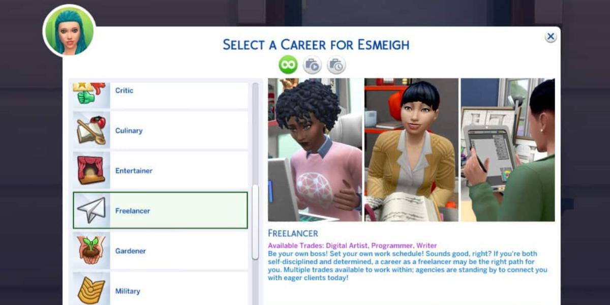 O menu de carreira no The Sims 4 mostrando a Carreira Freelancer