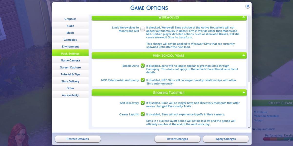 Menu de opções do jogo The Sims 4 Growing Together Layoff