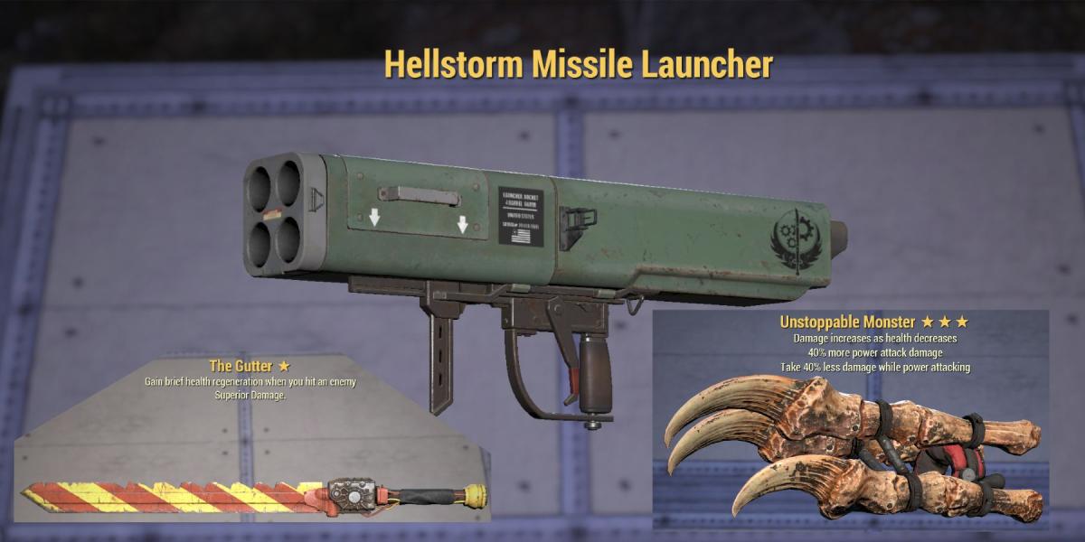Fallout 76 Hellstorm Missile Unstoppable Monster The Gutter Operações diárias Armas