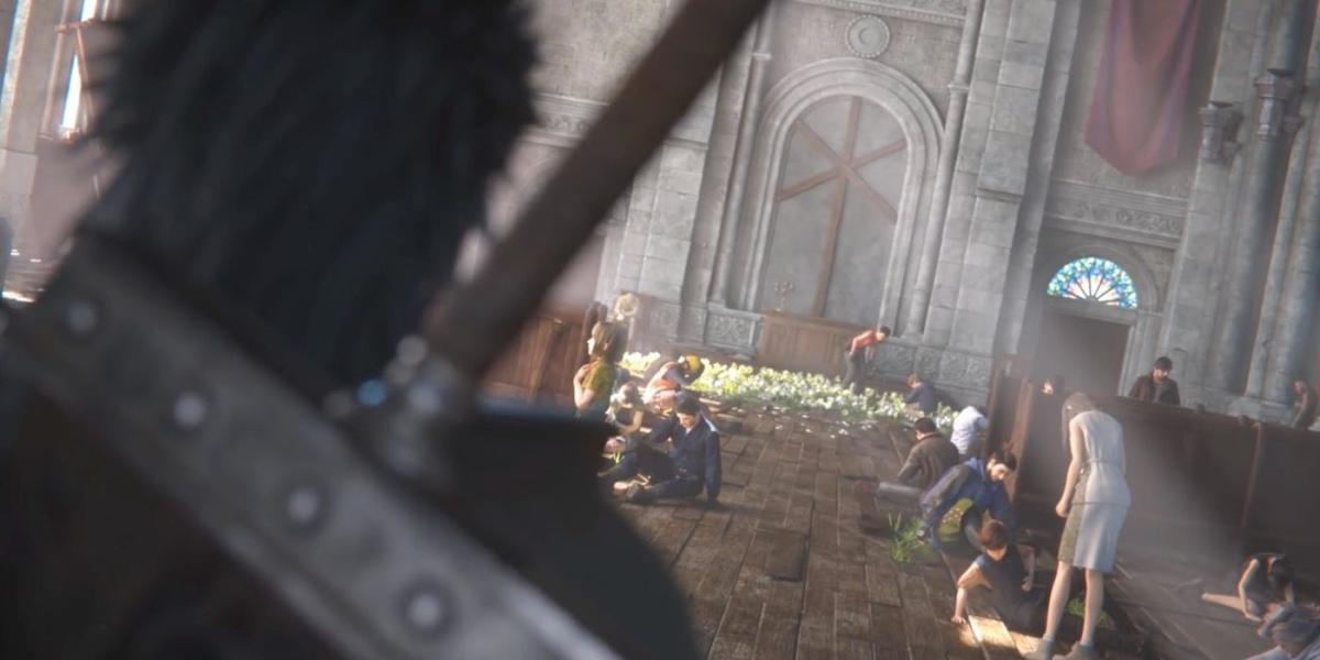 Zack na igreja de Final Fantasy VII Remake
