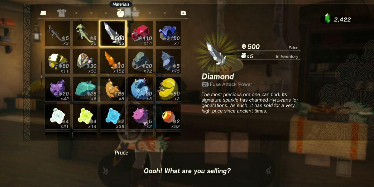 Link vende um diamante para um comerciante em Tears of the Kingdom
