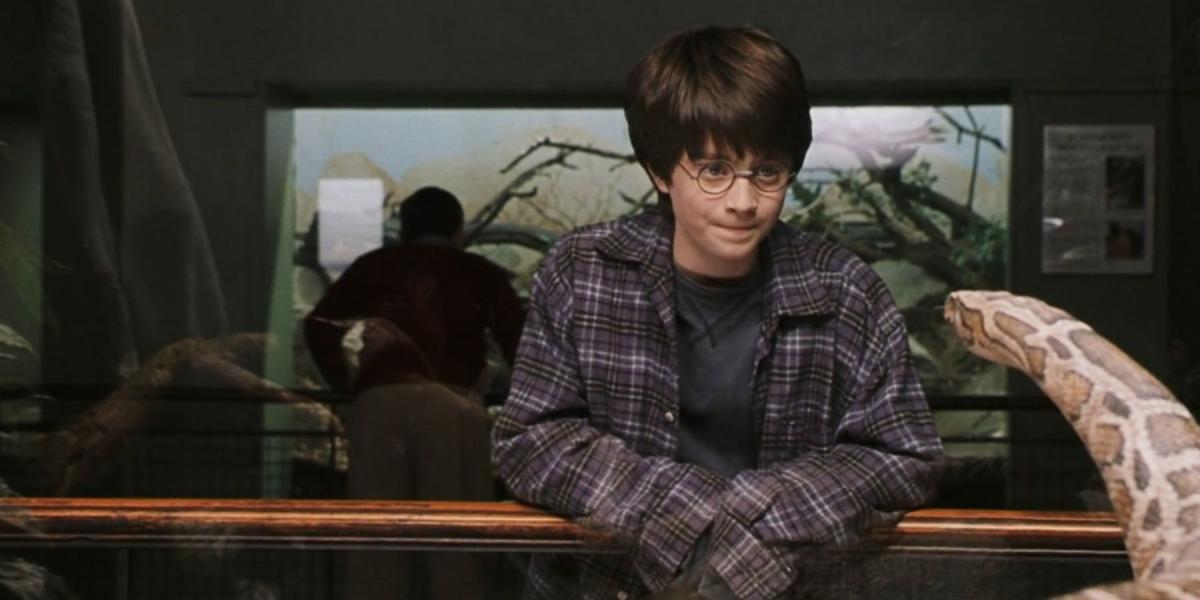 Harry conversando com uma Python em Harry Potter e a Pedra Filosofal.