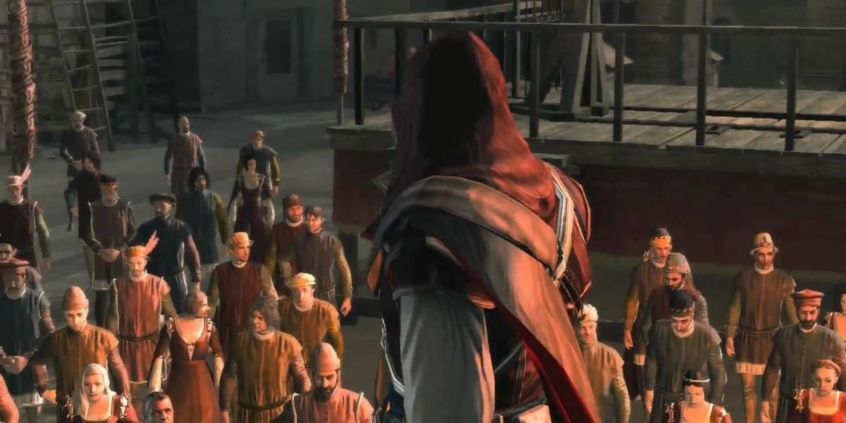 Assassin's Creed 2 Ezio se dirigindo à multidão