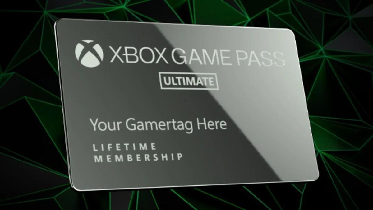 Uma imagem promocional de um cartão Xbox Game Pass Ultimate personalizado que é oferecido como prêmio do Microsoft Rewards.