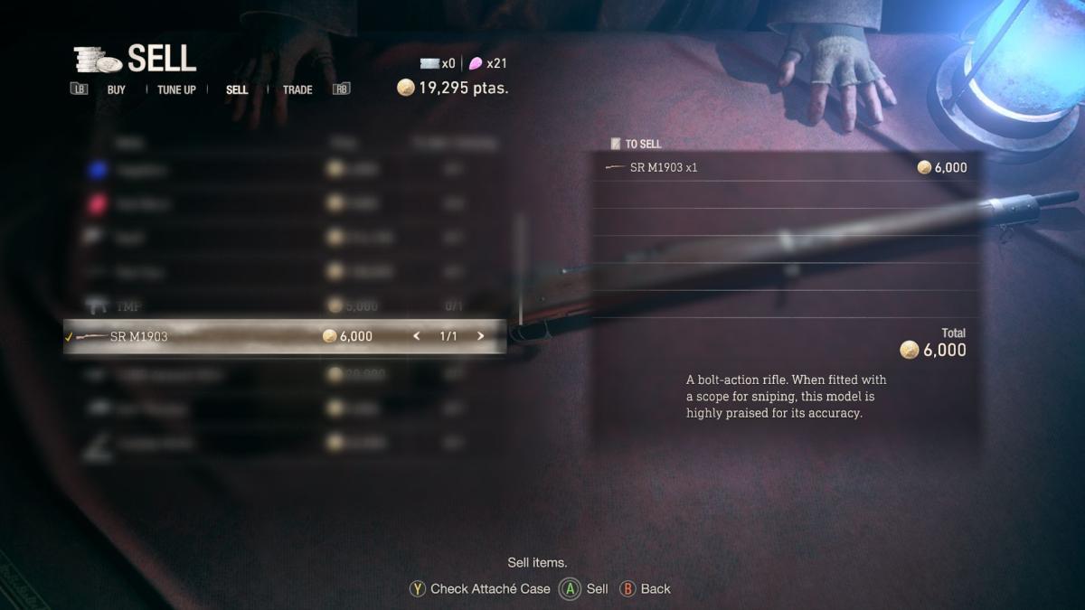 imagem mostrando como vender armas não utilizadas no re4 remake.