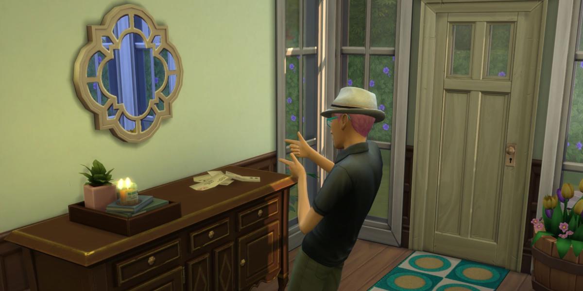 Um Sim aponta armas de dedo para o espelho no The Sims 4