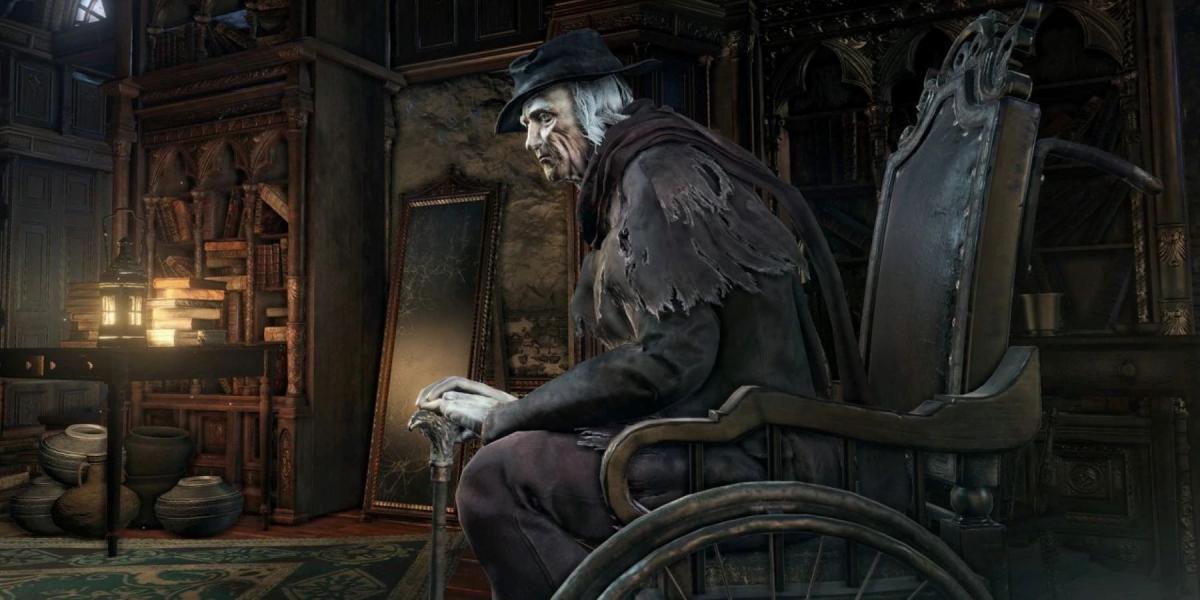 Gehrman, o Primeiro Caçador, sentado em sua cadeira de rodas em Bloodborne's Hunter's Dream