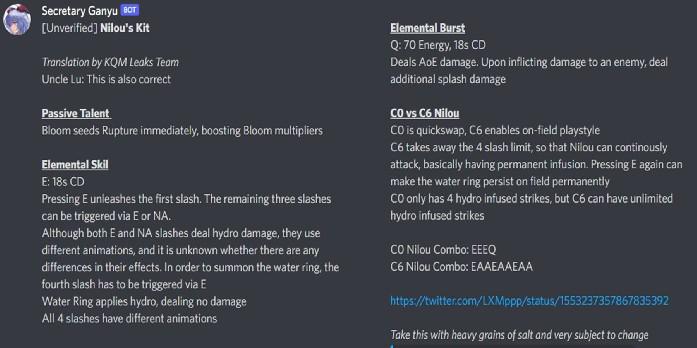 Genshin Impact Leak revela mais detalhes sobre as habilidades e constelações de Nilou