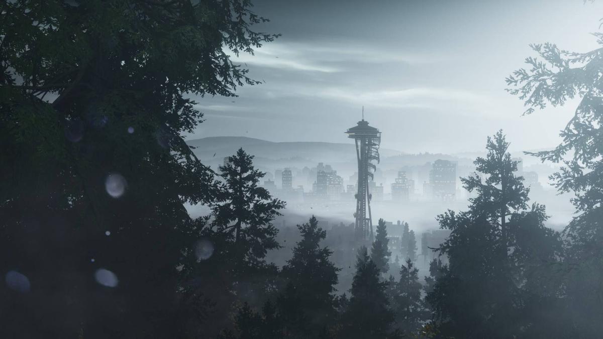 Captura de tela de inFAMOUS Second Son - horizonte de Seattle entre as árvores