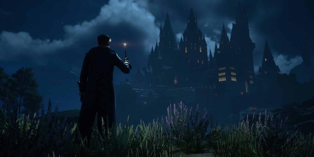 Uma captura de tela do personagem principal e do castelo de Hogwarts durante a noite em Hogwarts Legacy