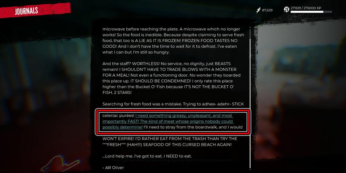 Dead Island 2 - Mensagem em uma missão secundária de garrafa - Pista número 3 para barraca de cachorro-quente
