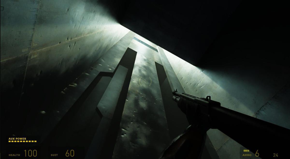 Imagem de uma versão RTX do Half-Life 2 mostrando Gordon Freeman olhando para uma parede na Cidadela.