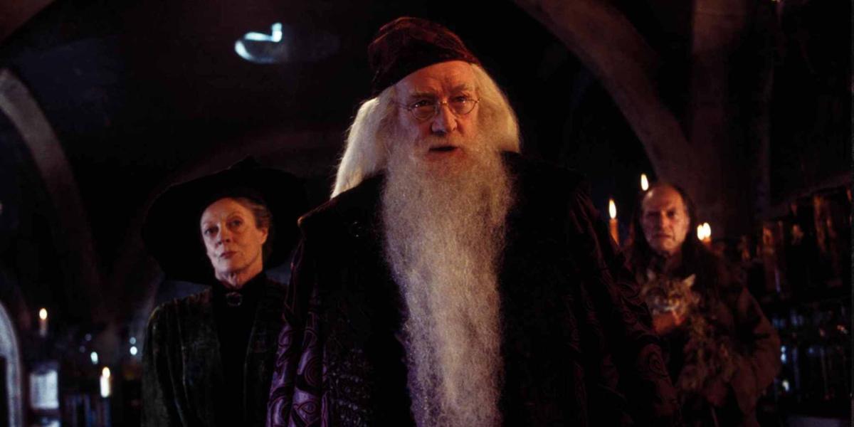 Dumbledore, Filch e Mcgonagall em Harry Potter e a Câmara Secreta