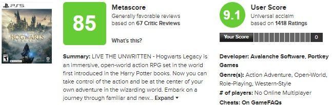 Hogwarts Legacy tem comentários de usuários extremamente positivos até agora